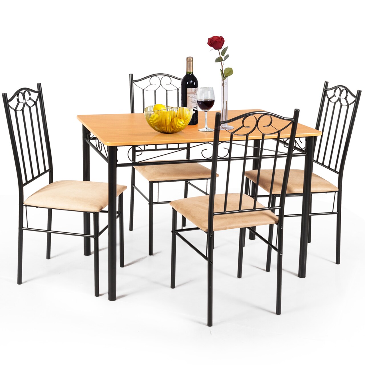 Costway 5 PC Dining Set Wood Metal Table 30'' and 4 Chairs Kitchen Breakfast Furniture New
